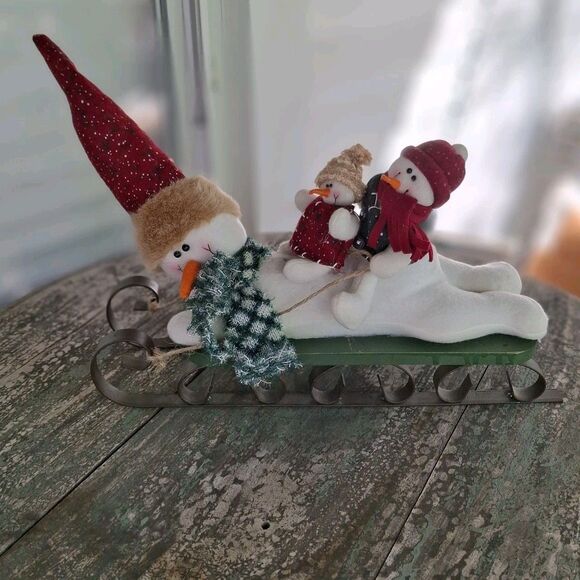 Handcrafted Snowman Wood Sled Ride 16" Christmas Holiday Decor - Picture 1 of 7